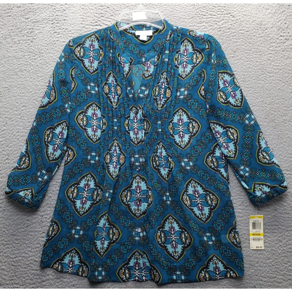Charter Club Tunic Top Womens Medium Multi Paisley Pintuck Long Sleeve Boho Chic